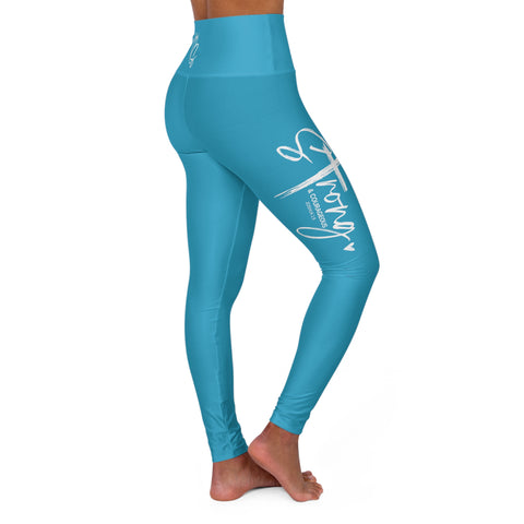 High Waisted Yoga Leggings (AOP) - Be Strong and Courageous Blue